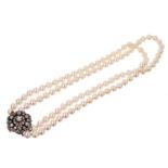 Cultured pearl two-strand necklace with a Victorian diamond cluster clasp