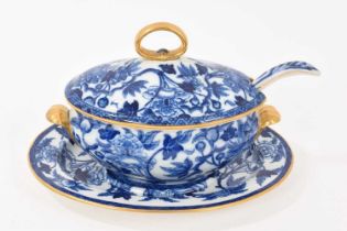 Wedgwood pearlware blue printed sauce tureen, cover stand and a ladle