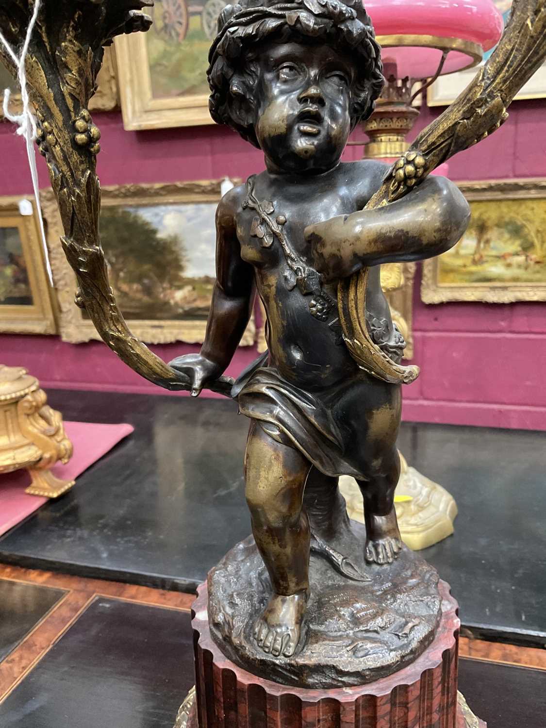 Good pair of 19th century bronze and ormolu cherub and fawn candelabra after Clodion - Image 7 of 9