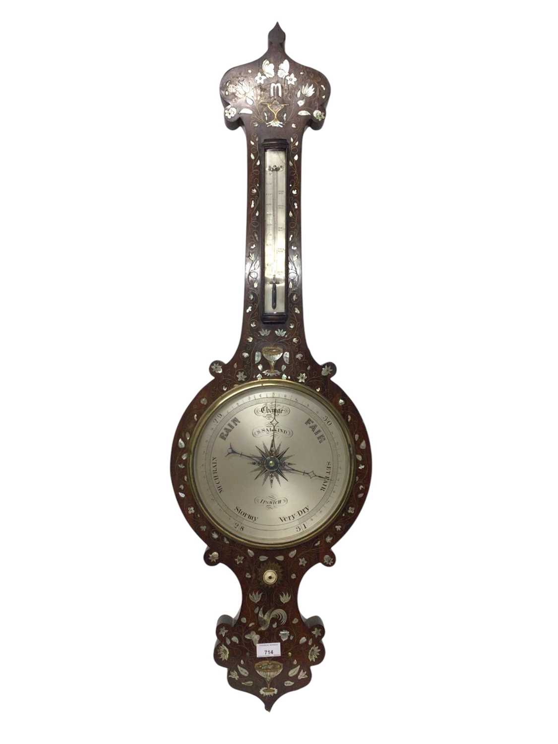Early Victorian rosewood and mother of pearl inlaid barometer, signed S. Salkind, Ipswich