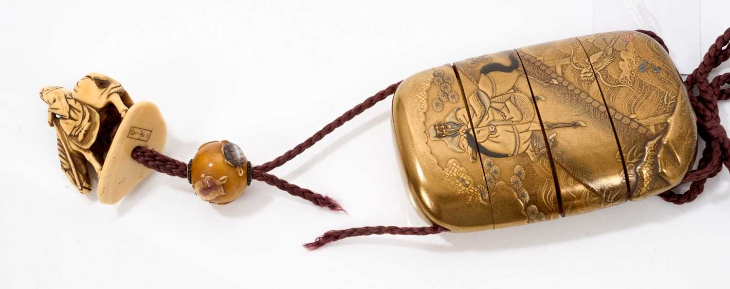 Fine gold lacquer and Shibayama-inlaid three-case inro by Shokasai Tokujo - Image 3 of 29