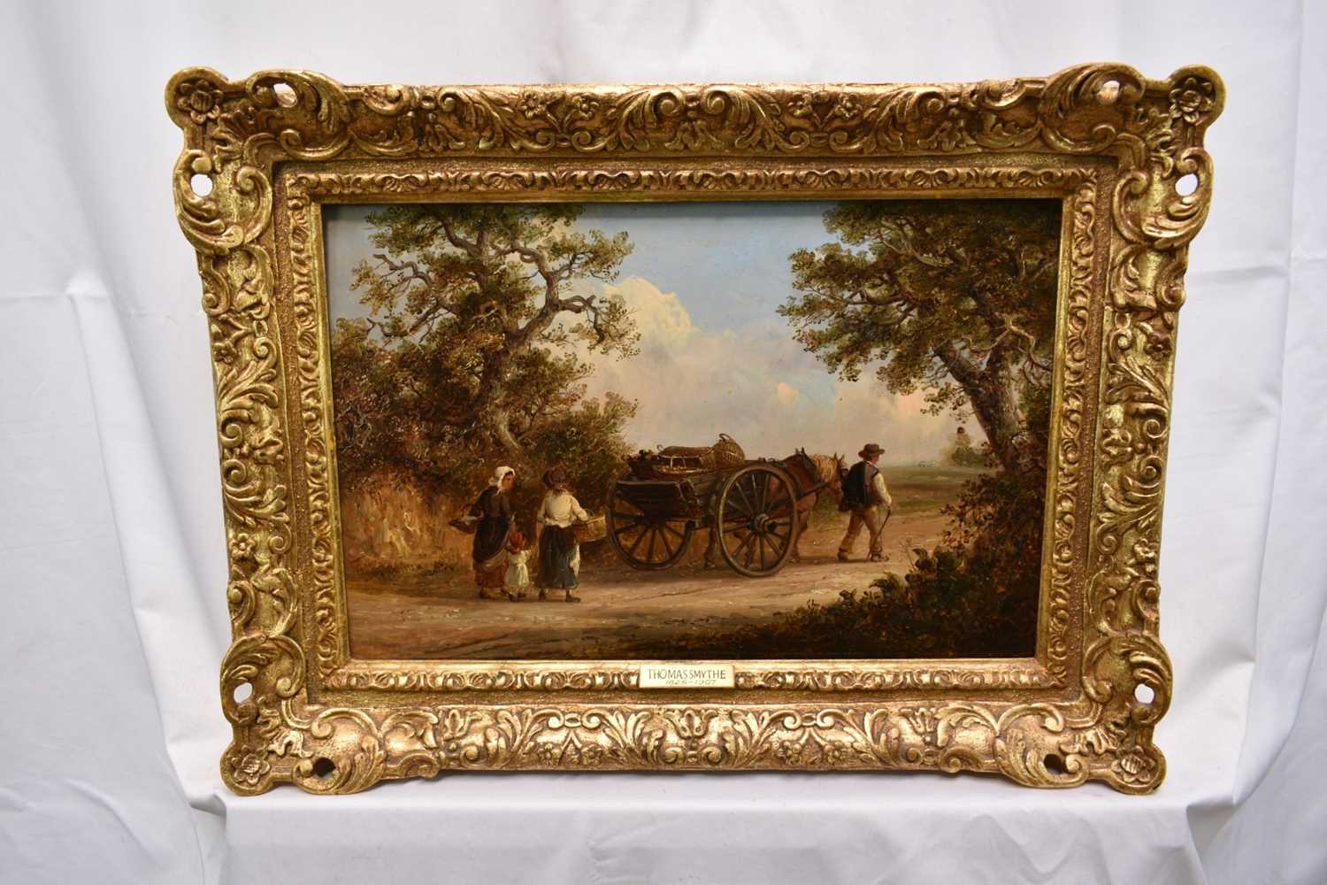 Thomas Smythe (1825-1906) oil on panel - Family Group and a wagon in a lane, signed, 25cm x 38cm, in - Image 2 of 7