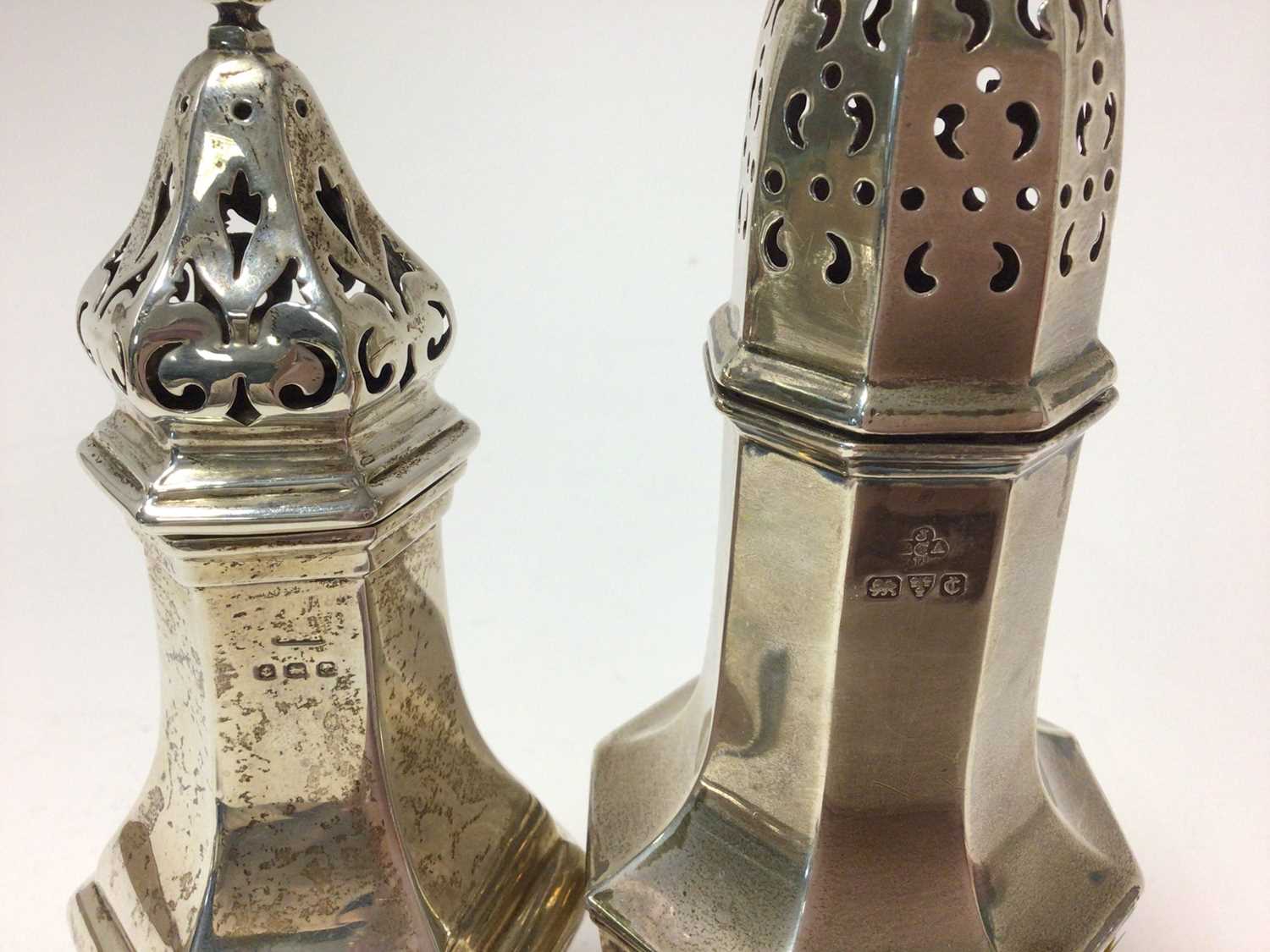 George V silver caster of hexagonal baluster form, together with another, similar - Image 2 of 2