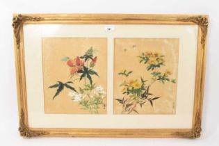 Pair of Chinese brush paintings in gilt frame