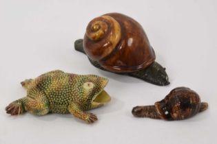 Antique Palissy ware Majolica pottery model of a toad - Jose A Cunha, Portugal, model of a snail - M