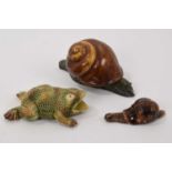 Antique Palissy ware Majolica pottery model of a toad - Jose A Cunha, Portugal, model of a snail - M