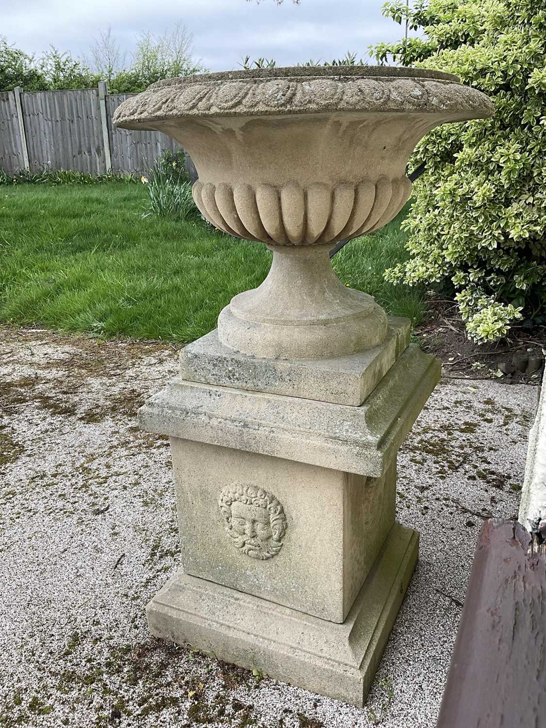 Large pair of reconstituted stone garden urms of campagna form with egg and dart rim, reeded bowl on - Image 11 of 15