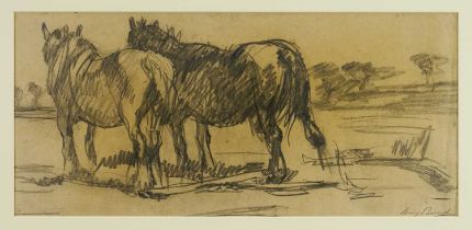 Harry Becker (1865-1928) pencil drawing - Heavy Horses, signed, 22cm x 47cm, in glazed frame