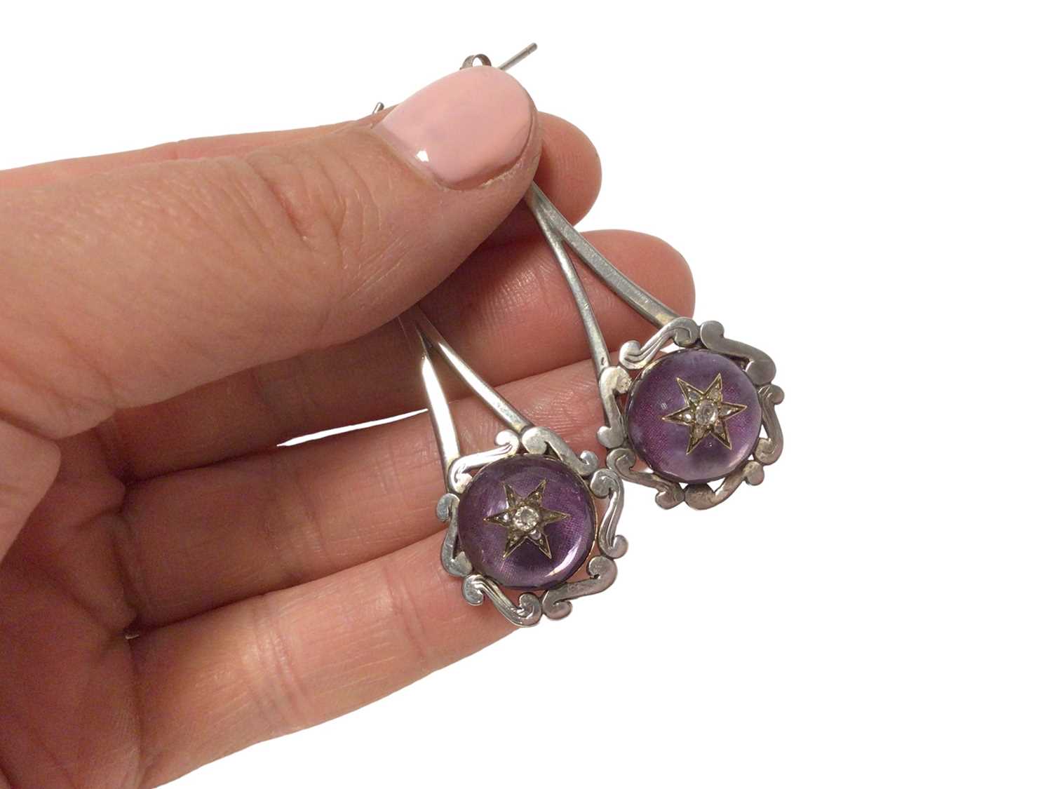 Pair of cabochon amethyst and diamond pendant earrings in later silver setting - Image 4 of 4