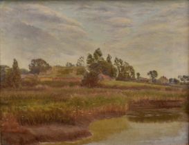 George Thomas Rope (1845-1929) oil on canvas - Barns across Watermeadows, 35cm x 45cm, gallery label