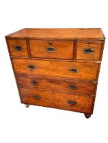 Victorian mahogany and brass bound secretaire campaign chest, in two parts