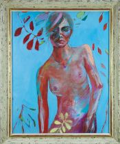 Kate Lowe, contemporary, oil on canvas - Female Nude on Blue, 101cm x 81cm, in gilt and painted fram