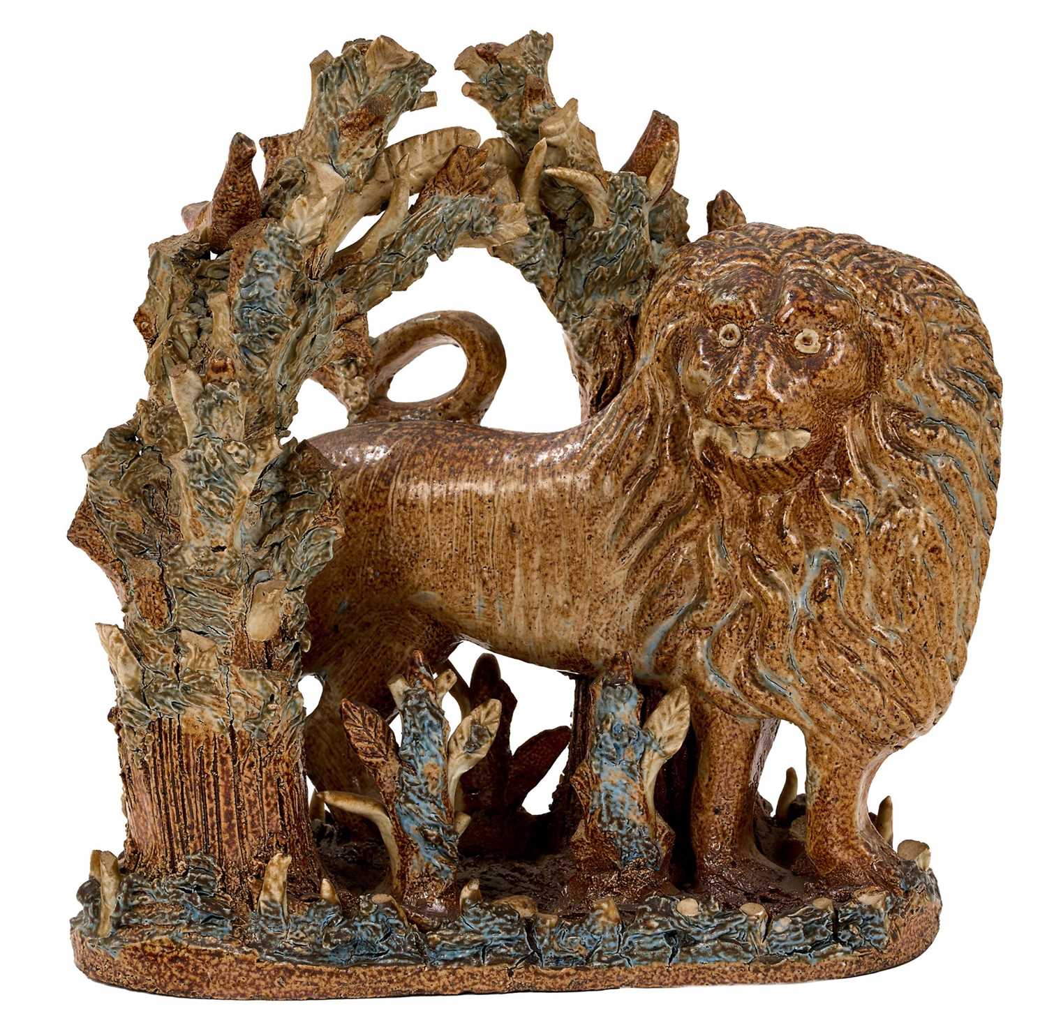 Rare saltglazed arbour group of a lion