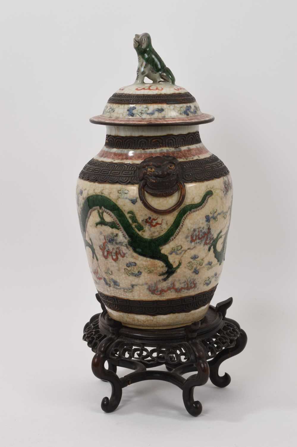 Chinese famille verte crackle glazed vase and cover, circa 1900, decorated with dragons chasing a fl - Image 5 of 8