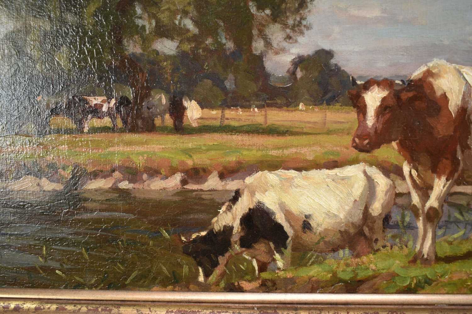 Algernon Mayow Talmage (1871-1939) oil on canvas - Cattle grazing beside the Stour at Dedham, signed - Image 5 of 13