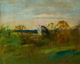 Amy Watt (1900-1956) oil on panel, St George's Day, Dedham Church from Upper Park, titled and indist