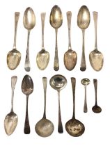 Set of six silver Old English Feather Edge pattern table spoons, with engraved initials