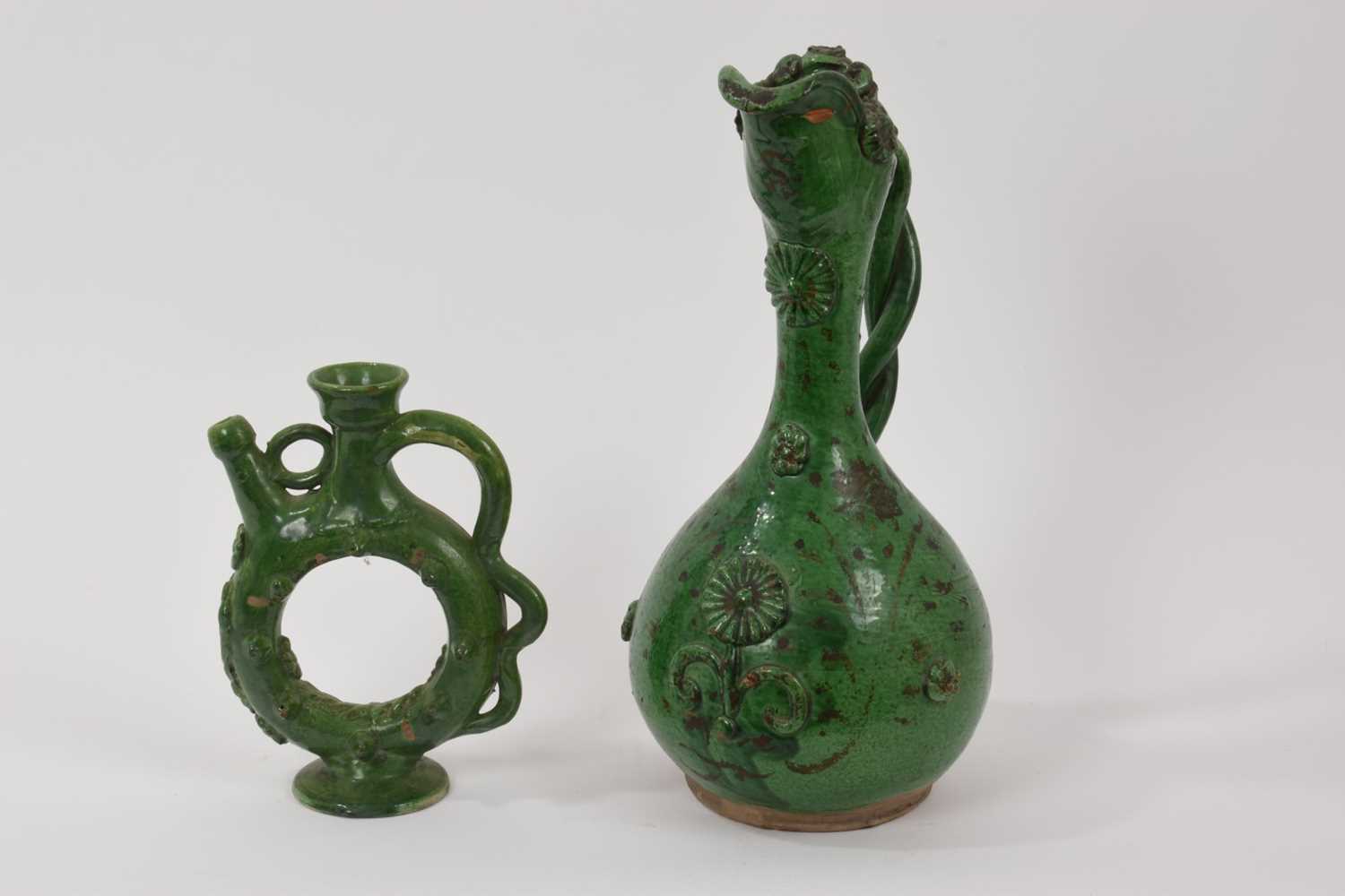 Two green glazed antique Canakkale pottery ewers, Turkey
