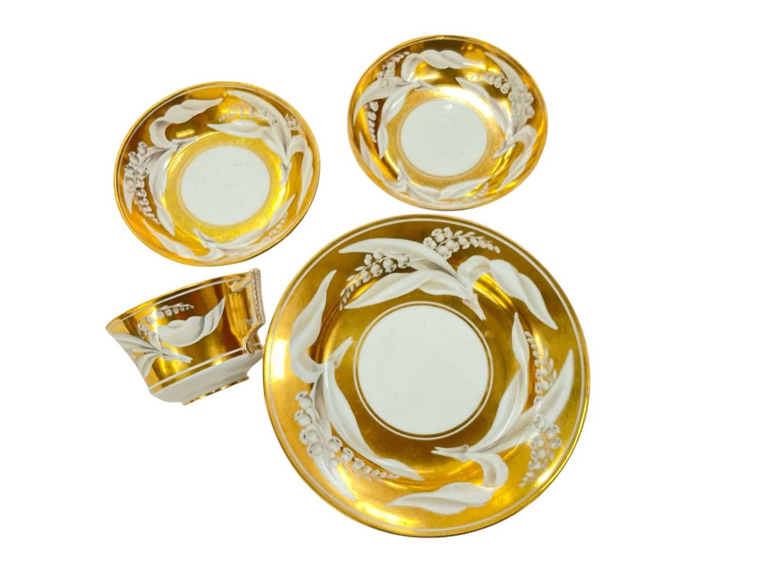 Wedgwood bone china gold ground Lily of the Valley teacup, two saucers and a plate - Image 2 of 10