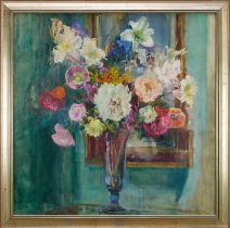 Amy Watt (1900-1956) oil on canvas, Still life of summer flowers in a purple vase, signed, 76 x 76cm