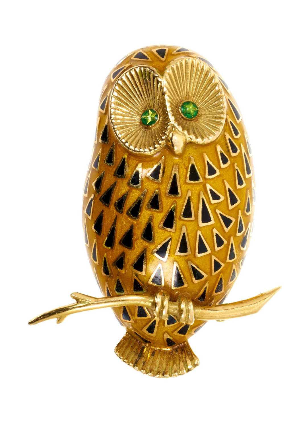 18ct gold and guilloché enamel novelty brooch in the form of an owl