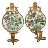 Pair of continental gilt metal wall sconces, utilising 17th century Chinese porcelain fragments