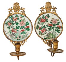 Pair of continental gilt metal wall sconces, utilising 17th century Chinese porcelain fragments