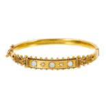 Late Victorian 15ct gold opal and diamond hinged bangle