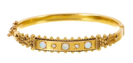 Late Victorian 15ct gold opal and diamond hinged bangle