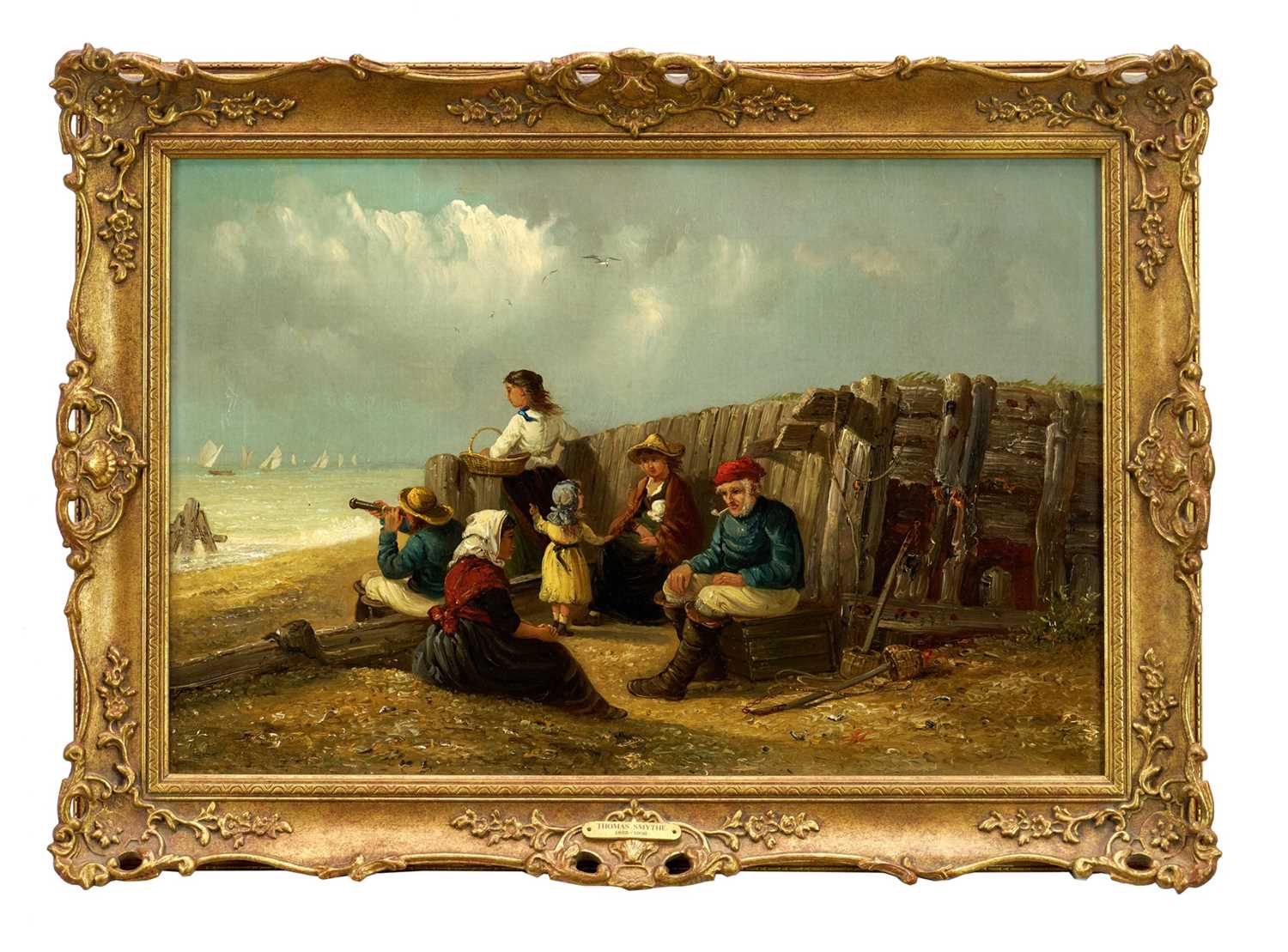 Thomas Smythe (1825-1906) oil on canvas - Family Group on a Beach, signed, 36cm x 53.5cm, in gilt fr