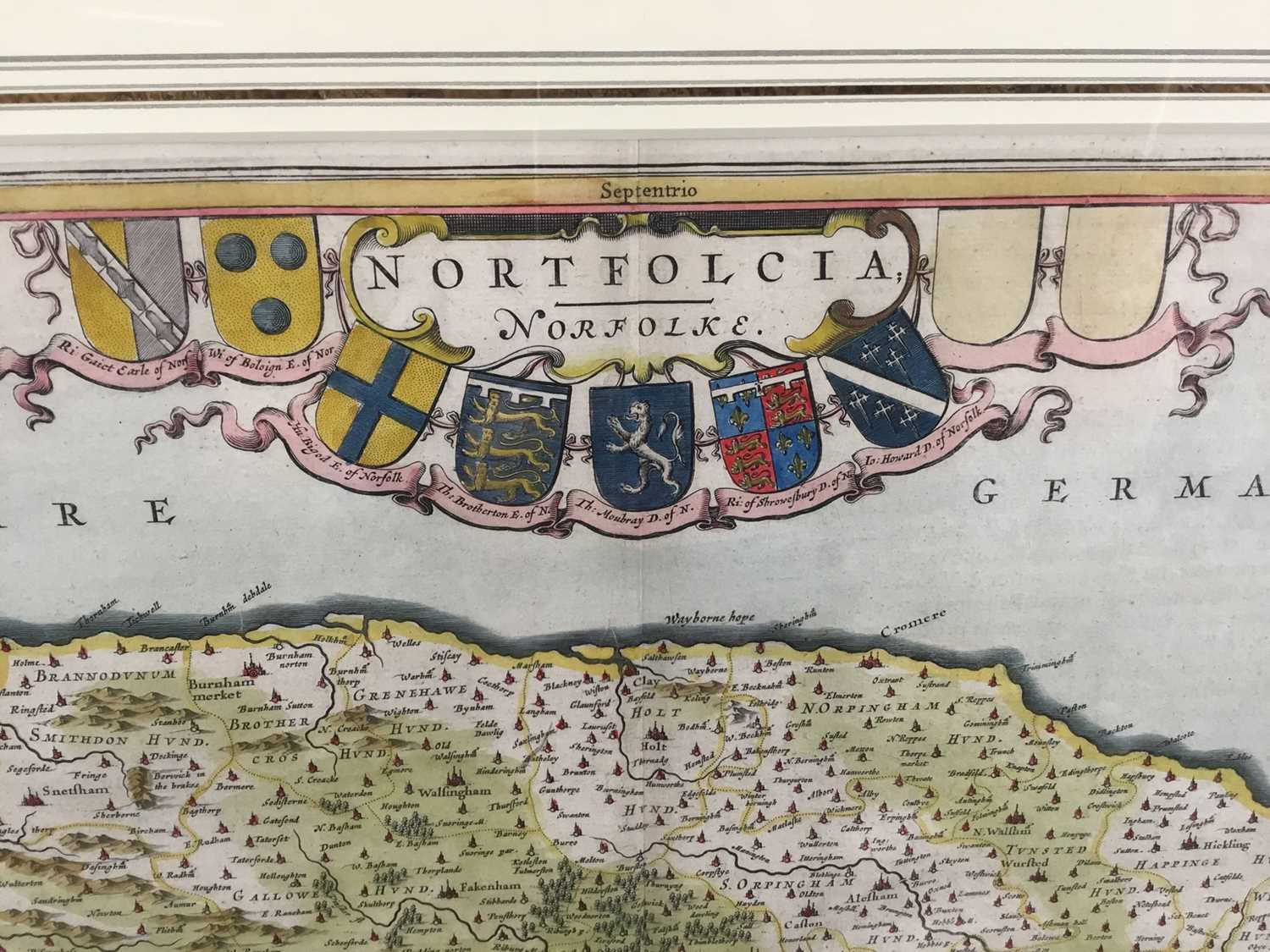 J Blaeu - hand coloured map of Norfolk, c1650. Framed and glazed. - Image 3 of 11