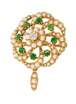 Edwardian diamond, green garnet and seed pearl pendant/brooch, engraved ‘L.E. Pearson 1906’, in orig