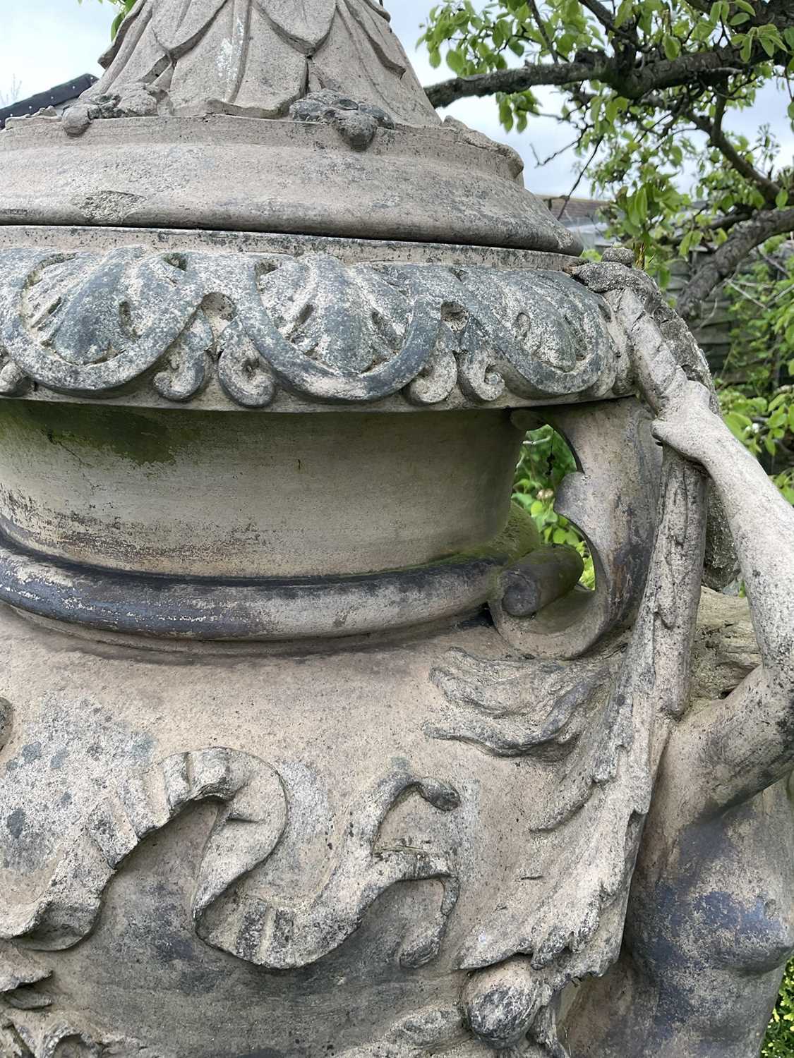 A fine antique reconstituted stone garden urn and cover on plinth, with detachable lid, female carya - Image 6 of 20