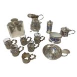 Selection of miscellaneous silver, including cream jug, wine taster, caddy, set of six glass holders