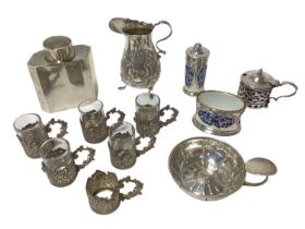 Selection of miscellaneous silver, including cream jug, wine taster, caddy, set of six glass holders