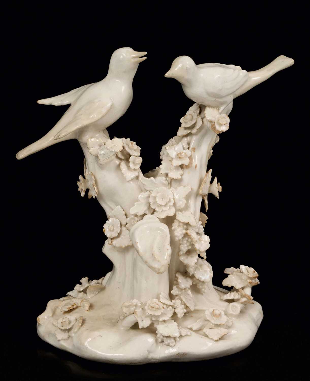 White glazed Bow figural group of birds in a tree