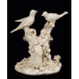 White glazed Bow figural group of birds in a tree