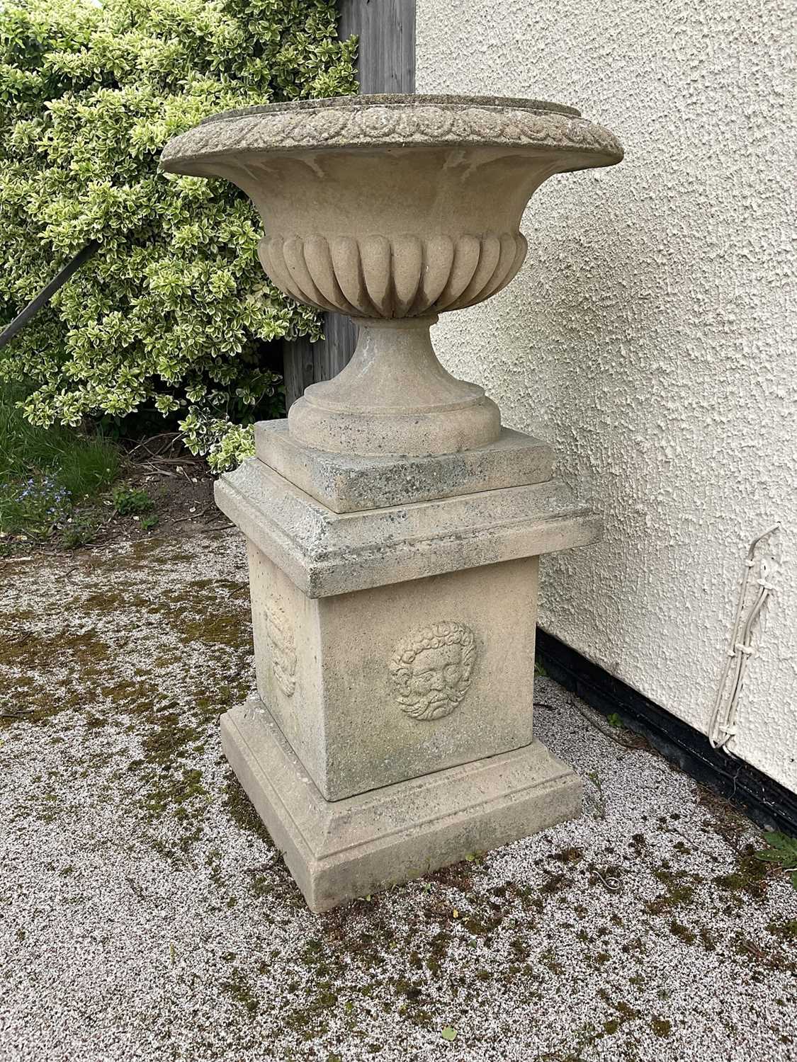 Large pair of reconstituted stone garden urms of campagna form with egg and dart rim, reeded bowl on - Image 13 of 15