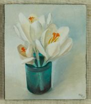 *Nan Youngman (1906-1995) oil on board - Crocuses, signed and dated '72, glazed frame