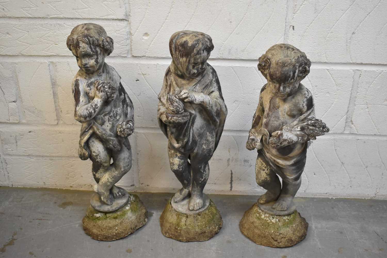 Set of three 19th century lead putti garden statues - Image 2 of 8