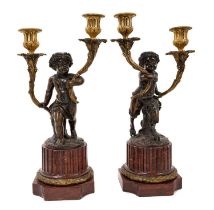 Good pair of 19th century bronze and ormolu cherub and fawn candelabra after Clodion