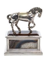 19th century Grand Tour silver Renaissance-style horse raised on agate and silver plinth
