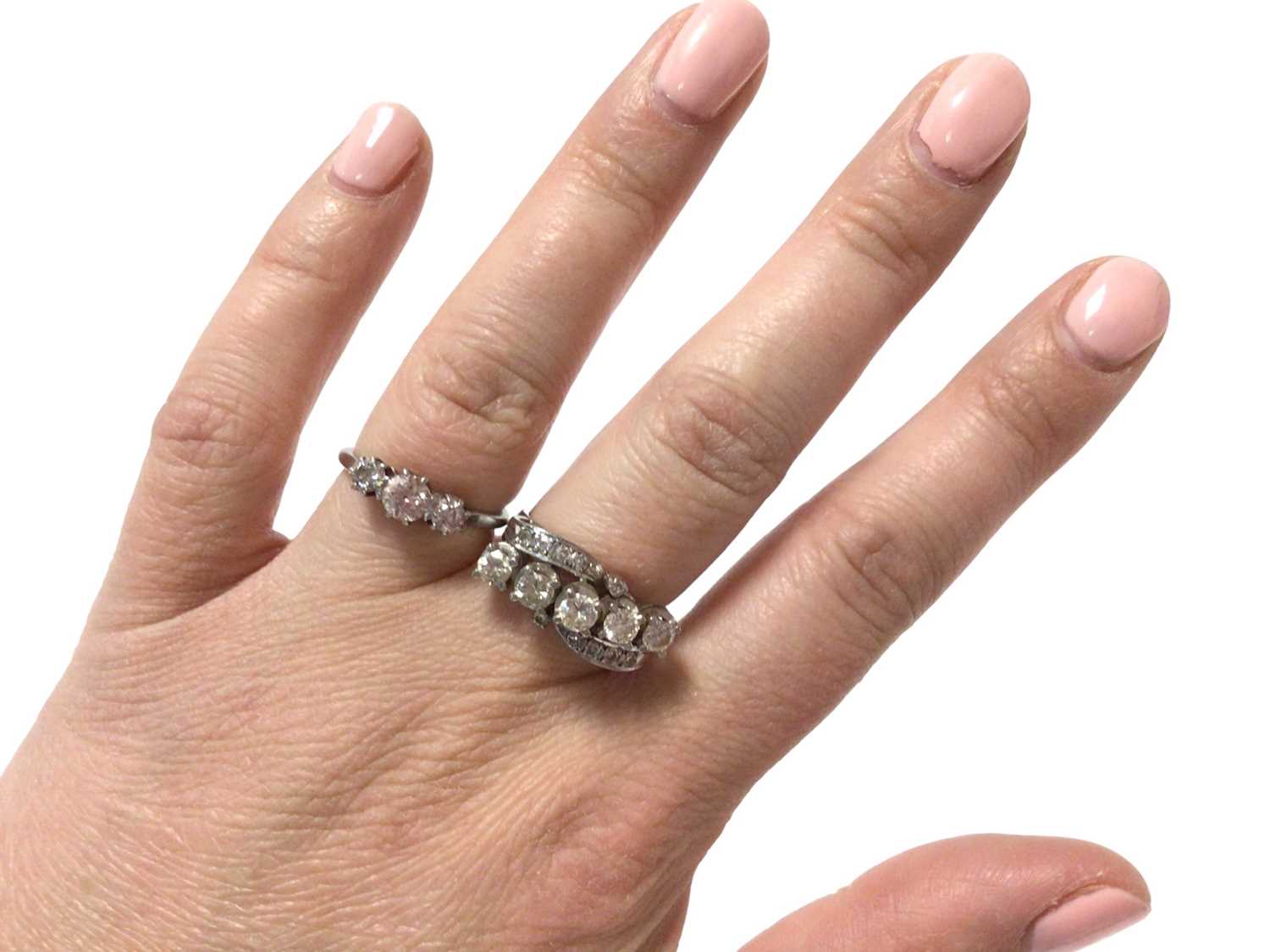 Diamond five stone ring in 18ct white gold setting and a diamond three stone ring in white gold sett - Image 2 of 2