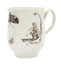 Rare Worcester mug, printed by Robert Hancock with Bubbles and The Doll, after Gravelot, 3 ½” high,