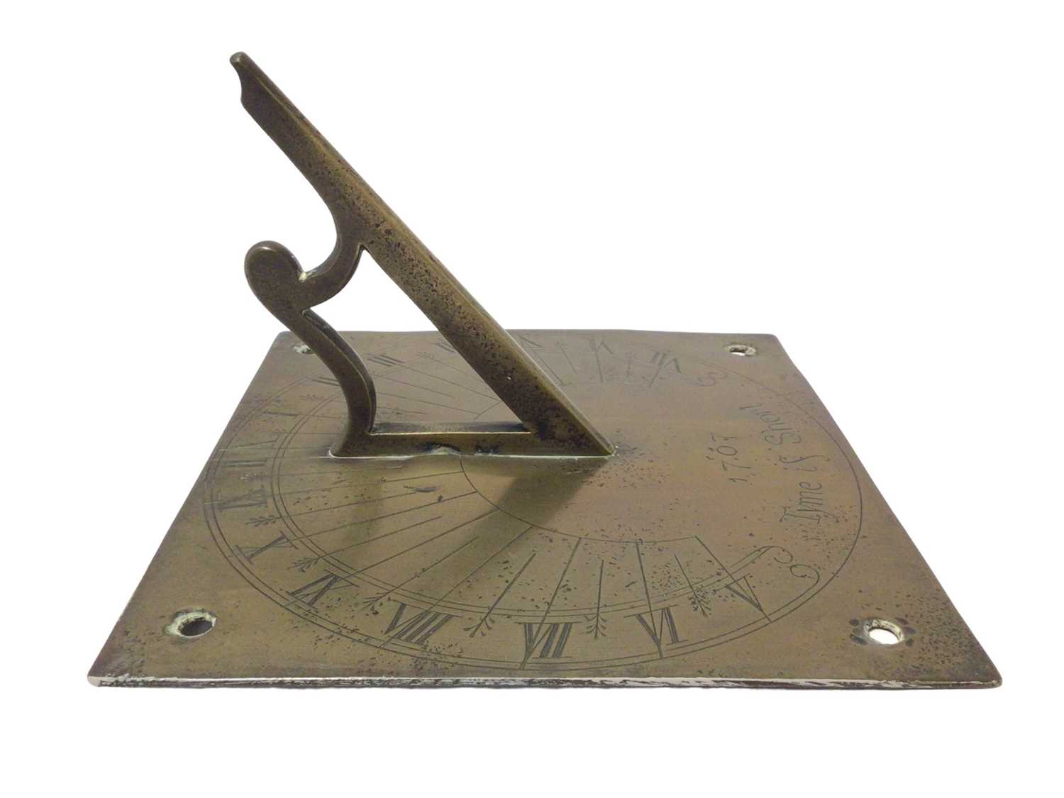 Antique brass sundial engraved with the legend 'Tyme is short 1707" - Image 2 of 3