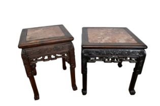 Two Chinese hardwood and marble inset low tables, each with carved and pierced frieze and square sup