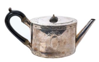 George III silver teapot of oval cylindrical form, with bright cut decoration,
