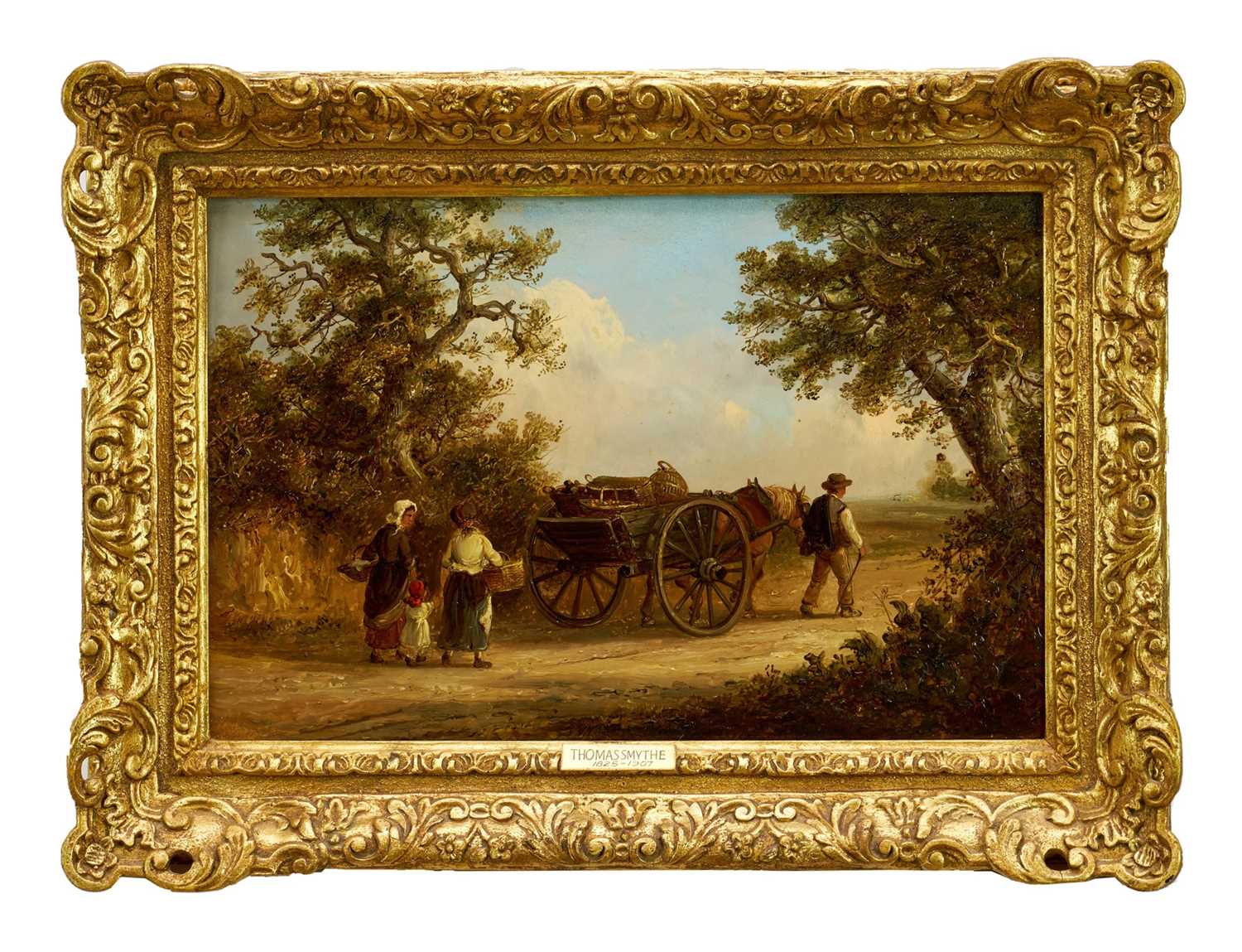 Thomas Smythe (1825-1906) oil on panel - Family Group and a wagon in a lane, signed, 25cm x 38cm, in