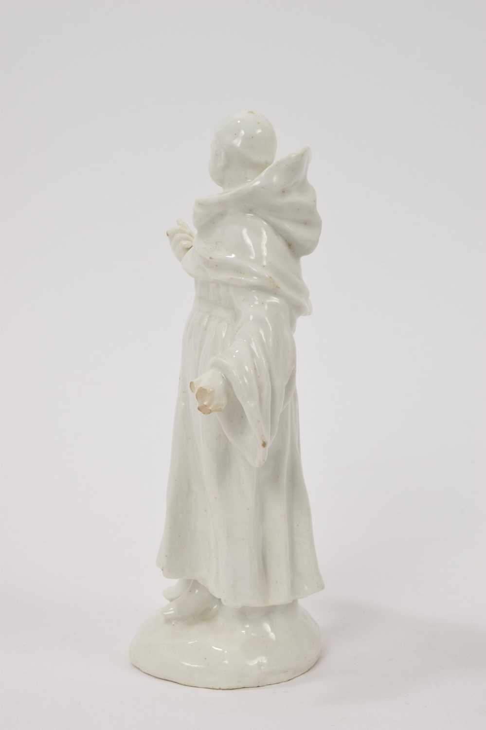 18th century white glazed standing figure of a monk, probably Bow, losses - Image 2 of 5