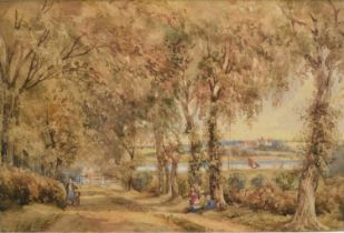 Laura Churchyard (1830-1891) watercolour - figures on a lane, a river beyond, 19cm x 28cm, in glazed